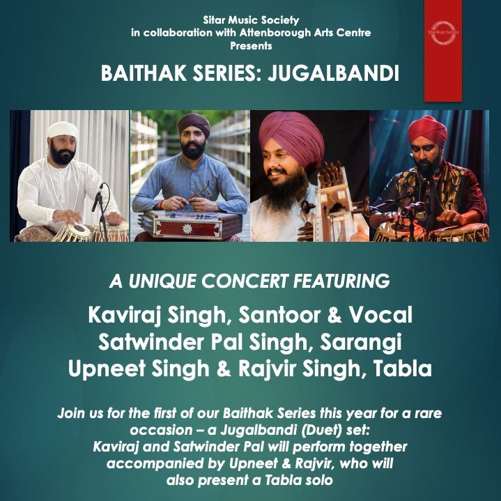 The Sitar Music Society presents Baithak Series 2024

📆 1 June
⏰ 6:30pm

In this Baithak concert, the theme is ‘jugalbandi’, or duet. It will feature Kaviraj and Satwinder Pal as a duet collaborating on the Sarangi, Santoor and Vocal. 

Find out more:
🔗 buff.ly/4dgc2z3