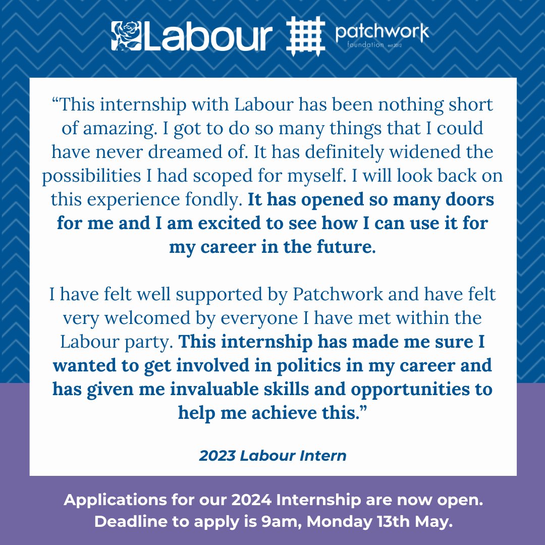 Applications are open for our @UkLabour internship! We're collaborating for the second year running to deliver our paid internship, giving you the chance to #GetInvolved at the heart of politics. Develop the skills to transform your career by applying now: patchworkfoundation.org.uk/our-work/inter…
