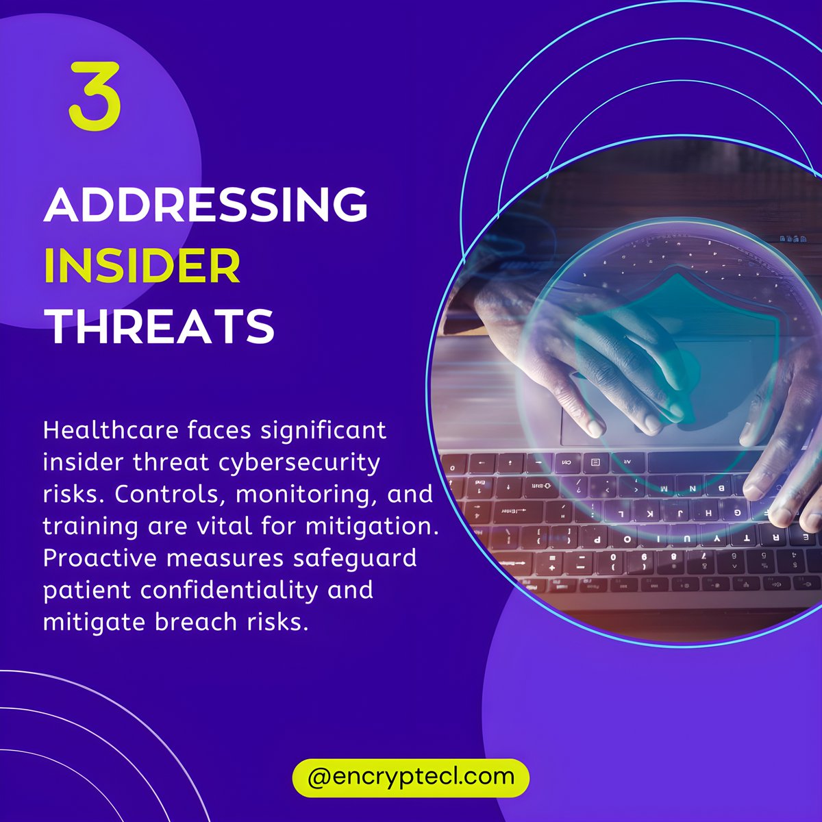 🔒 Protecting Healthcare Data: Essential Cybersecurity Tips! 🔒
1️⃣ Stop Ransomware: Segmentation, backups, training.
2️⃣ Secure Telemedicine: Encryption, privacy.
3️⃣ Watch for Insiders: Controls, monitoring.

Stay safe! #HealthcareCybersecurity #encryptecl #PatientPrivacy