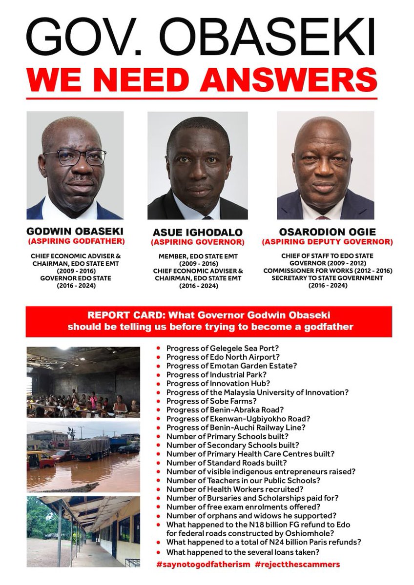 Breaking News 🗞️ Alert 🔔: #Edo2024
Edo People who are known to be very politically educated has brought out the Golden List of OBASEKI 8years Failed promises and DEMANDS answers from the GodFather applicant. 

“Truth forever on the scaffold. Wrong forever on the throne. Yet that…