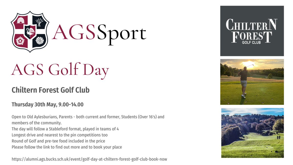 Only one week left to sign up for the AGS Golf Day at Chiltern Forest Golf Club on Thursday 30th May. Still a few spaces remaining. Follow the link below to sign up, last day to register is 10th May. alumni.ags.bucks.sch.uk/event/golf-day…