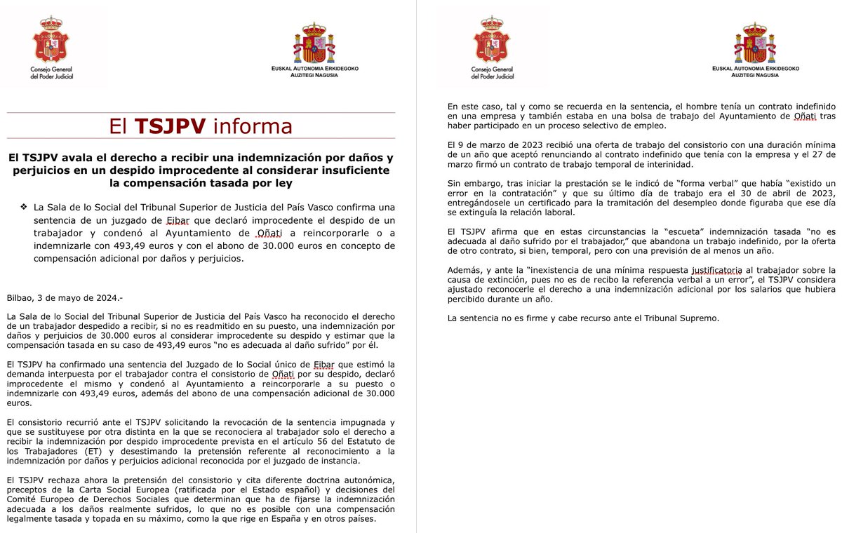 El TSJPV avala el derecho a recibir una indemnización por daños y perjuicios en un despido improcedente al considerar insuficiente la compensación tasada por ley. Ocurrió en Ayuntamiento de Oñati.