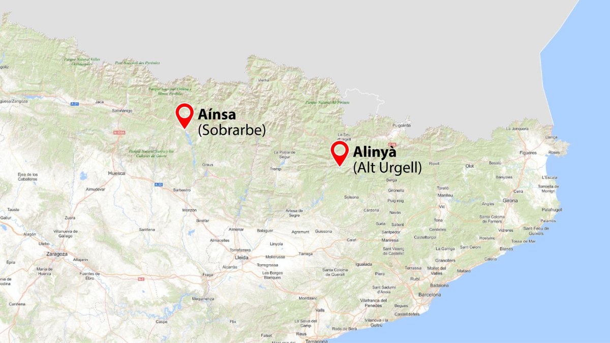 El projecte #BioForPiri es desenvolupa en 2 àmbits geogràfics prepirinencs: 
📍 Alinyà, a Lleida (Catalunya)
📍 Aïnsa-Sobrarb, a Osca (Aragó) 

@FBiodiversidad #ProyectosPRTR #PlanDeRecuperación #NextGenerationEU 

Font mapa: CC-BY 4.0 ign.es