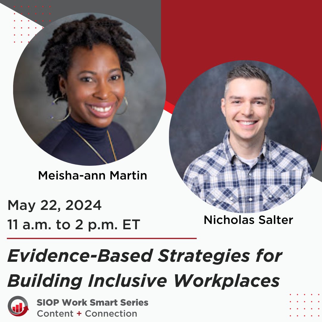 Join us for the next #SIOPWorkSmartSeries workshop as #DEI experts Dr. Meisha-ann Martin and Dr. Nicholas Salter assess the entire human capital lifecycle through the lens of inclusion and systemic bias. 

Register now: bit.ly/42KzYnS

#SIOPSmarterWorkplace #IOPsych