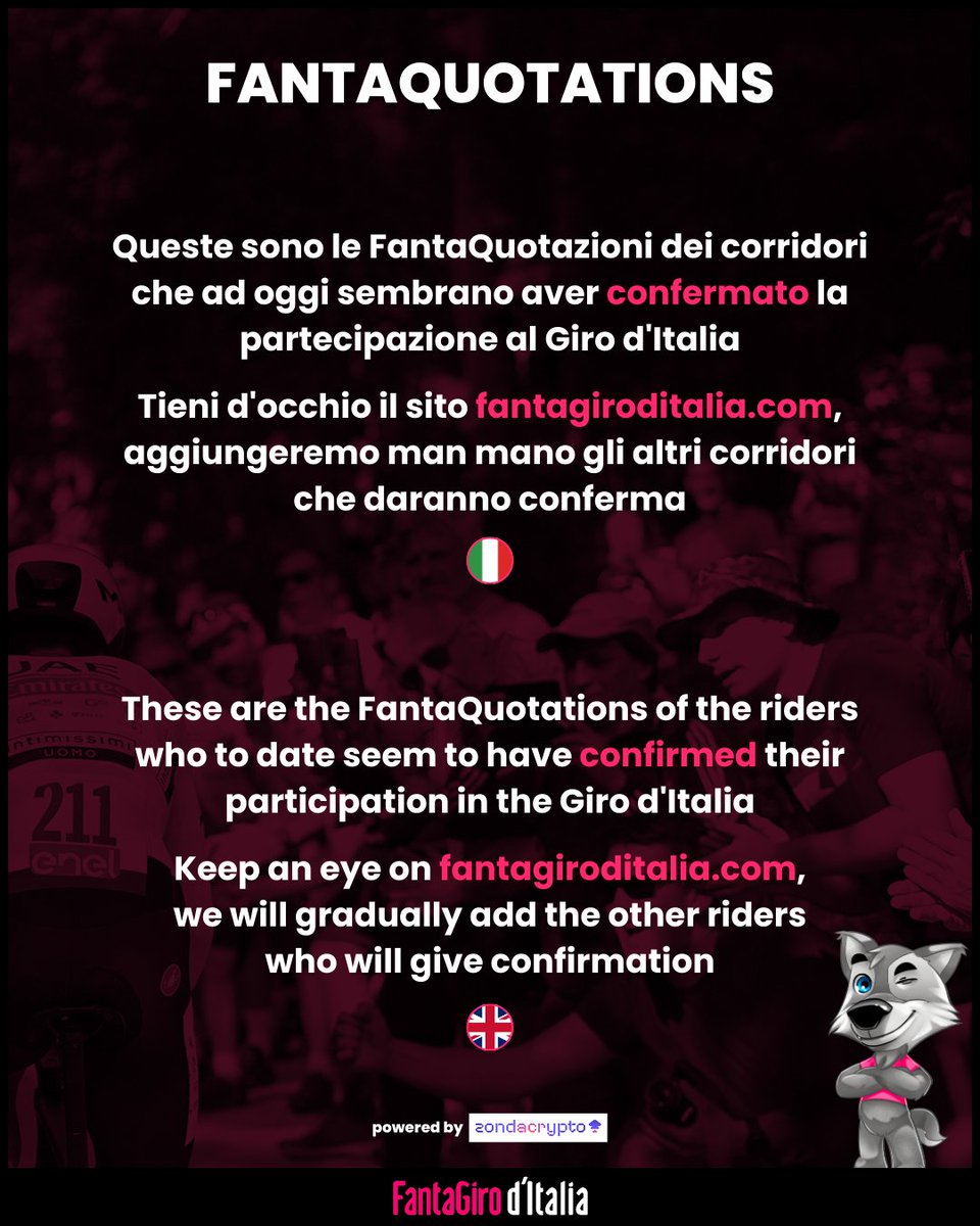 FantaQuotations powered by @zondacrypto: UAE Team Emirates

⬇️ Check out the riders' FantaQuotations below ⬇️

#fantagiroditalia #giroditalia #cycling