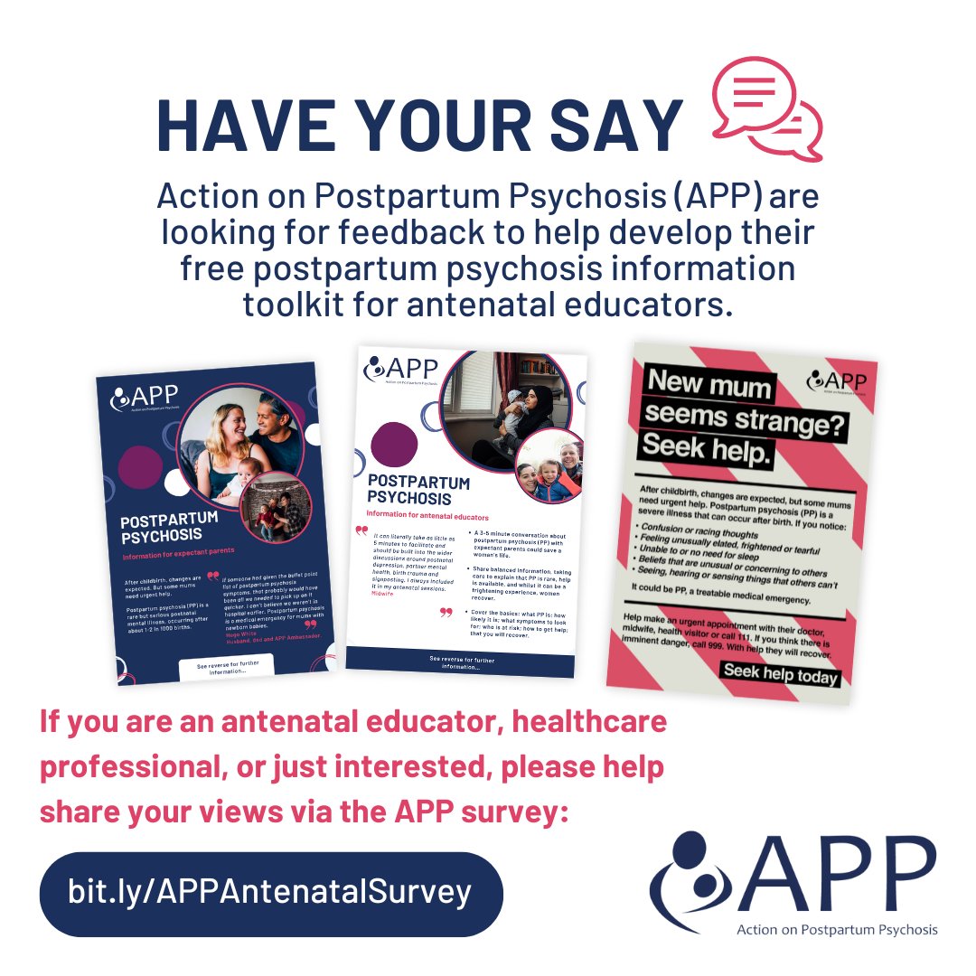 📢 Share your views: antenatal educators & healthcare professionals We are seeking feedback to help develop our free postpartum psychosis info toolkit for antenatal educators. ➡️ Take the 5 min APP survey here: bit.ly/APPAntenatalSu…