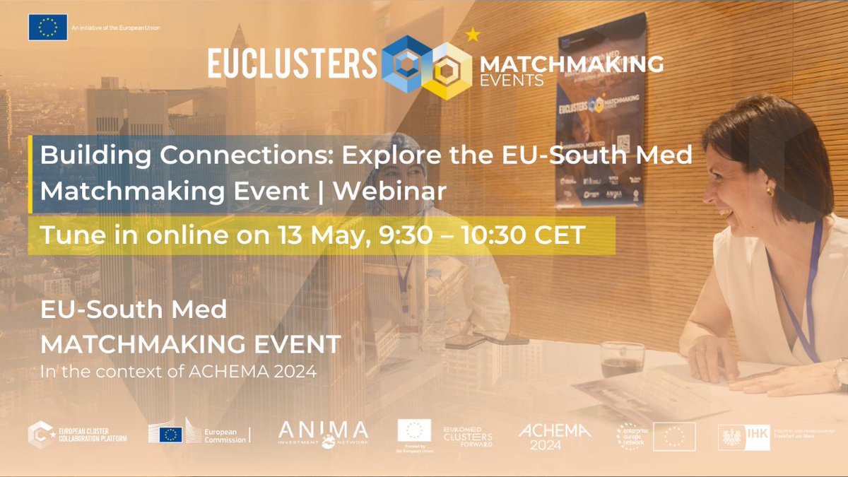 Interested in our EU-South Med #ECCPMatchmaking event?

Join our webinar on 13 May to ask questions & find all the info you need ⤵️
clustercollaboration.eu/content/buildi…

⏳ The second deadline to apply to join the matchmaking event is 🗓️ 16 May - apply now! 👇
clustercollaboration.eu/content/eu-sou…