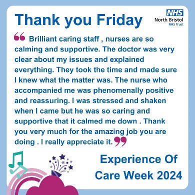 Thank you Friday - Experience of Care Week Special: We welcome feedback from patients & carers, whether you have a query, compliment, complaint or thank you – please do get in touch. We want to celebrate the good, learn & improve! nbt.nhs.uk/patients-carer… #ExpOfCare #NBTCares