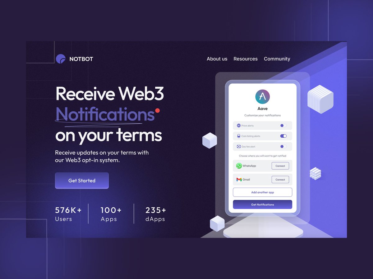 It's day 12✨

Landing page hero exploration for the opt-in notification platform.

#30daysofweb3design
#Web3 #shopping #ecommerce
#web3productdesigner #Defi
#blockchain #techtwitter #fintech 

@_qudo