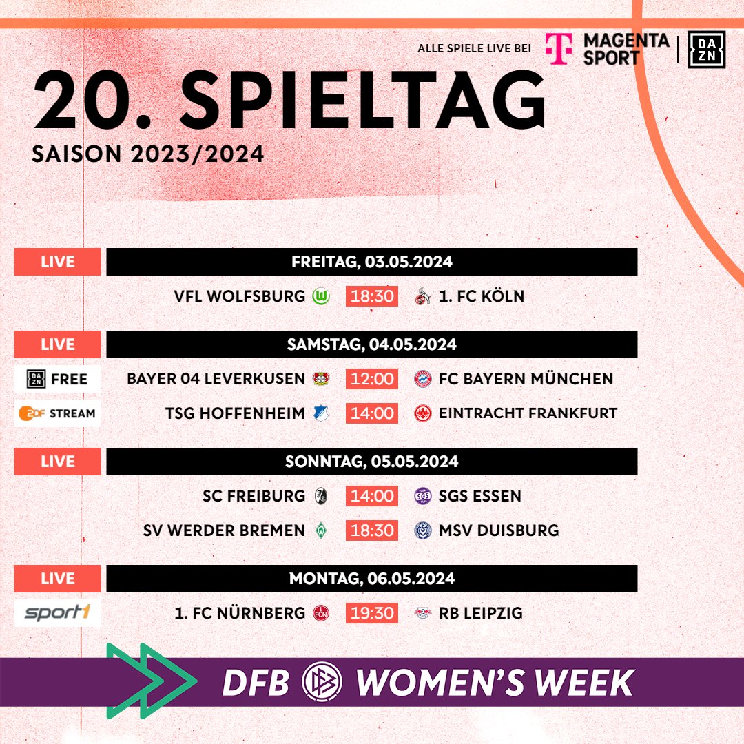 Wir starten in die #DFBWomensWeek! 💜
Mit #DieLiga-Spieltag 20, einer möglichen Meisterschaft der @FCBfrauen und dem Duell @HoffeFrauen 🆚 @EintrachtFrauen! 💥