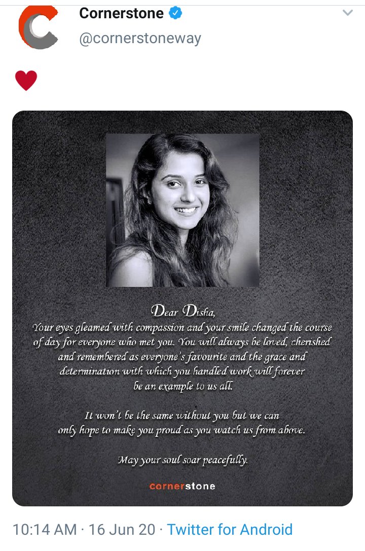 Disha Salian passed away on 8th June. Instagram and Twitter updated By Cornerstone on Disha’s Condolences message was done on 16th isn't that strange? #JusticeForDishaSalian #JusticeForSushantSinghRajput SSR Case Stalled By Politics