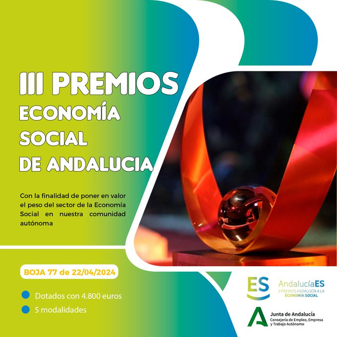 🏆 III 𝙋𝒓𝙚𝒎𝙞𝒐𝙨 #𝑨𝙣𝒅𝙖𝒍𝙪𝒄𝙞𝒂𝙀𝑺 @EmpleoJunta @AndaluciaJunta 💚 Para reconocer y distinguir públicamente al sector de la #economíasocial en #Andalucía 〽️ ➎ categorías. 🗓️ Ｐｌａｚｏ ＡＢＩＥＲＴＯ hasta 𝟚𝟙 𝕞𝕒𝕪𝕠 🔗 Toda la info 👉 bit.ly/3sxPCmF