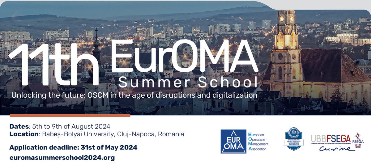 ☀ Summer School 2024 @UnivBabesBolyai will host the 11th EurOMA #SummerSchool for doctoral students and early-career researchers in cooperation with the European Operations Management Association (EurOMA) during an intensive 5-day program. 💻Learn more: bit.ly/ESS-24