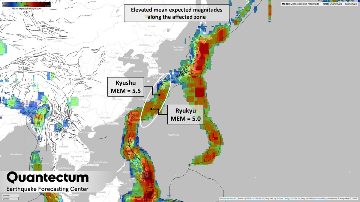 ⚠️INCREASED SEISMIC HAZARD ALERT from #SHIKOKU to NE of #TAIWAN (May 7-11)
As a result of local Time-synchronizations, the mean expected magnitude (MEM) will be elevated in #Kyushu and #Ryukyu.
​MEM is the average magnitude of synchronized seismic sequences in a specific region.