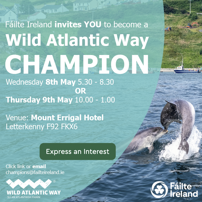 Exciting News for Frontline Hospitality Heroes! Join the FREE Wild Atlantic Way Champions Programme workshops on May 8th or May 9th at the Mount Errigal Hotel Letterkenny. Boost your skills, connect with peers, and shine in customer service! Register now! shorturl.at/dhuD2
