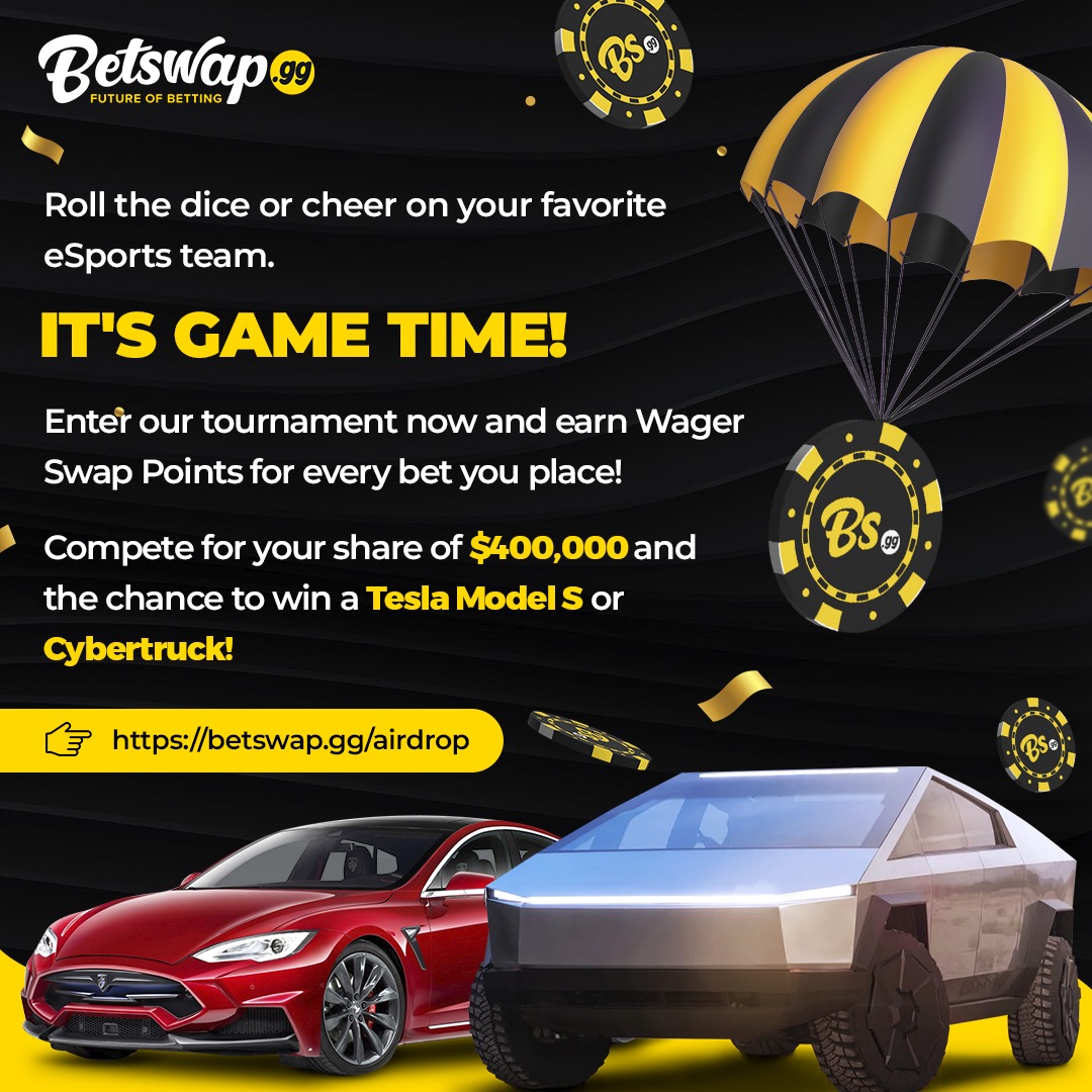 BetswapGG's tweet photo. Join our tournament and rack up Wager Swap Points with every bet you place!

Compete fiercely for a slice of the $400,000 prize pool and the thrilling chance to drive home a Tesla Model S or Cybertruck.

#bsgg #bsggdrop #airdrop #tesla #cybertruck https://t.co/JSRBB7GhEj