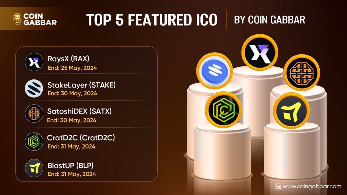 coin_gabbar_'s tweet photo. 🔥Top 5 Featured ICO by #CoinGabbar 🔥

     ICO                End Date
1. $RAX            -   25-May  
2. $STAKE      -   30-May
3. $SATX         -   30-May
4. #CratD2C  -   31-May
5. $BLP            -   31-May

Visit: https://t.co/ILuYxll6yS

#ICO #ICOCrypto #RaysX #StakeLayer #SatoshiDEX #CratD2C #BlastUP #presale #presaleLive #cryptocurrency #CryptoInvesting