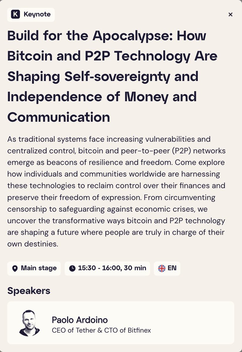 Build for the Apocalypse: How #Bitcoin and P2P Technology Are Shaping Self-sovereignty and Independence of Money and Communication — @paoloardoino #BTCPrague 2024 keynote