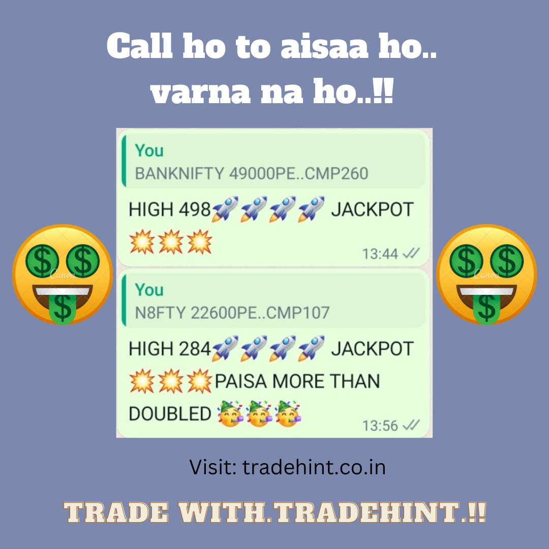 Trade with Mentor...you will not miss any money making opportunity.!!

Want to know more..?
Call or WhatsApp: 9511600639

#stockmarkets 
#shares 
#stocks
#shareMarket 
#trading 
#sharetrading 
#technofunda 
#optionstrading 
#options 
#futures
#intraday
#investment
#sharemarket