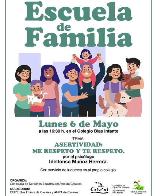 #SaludPúblicaAndalucía La nueva edición de la Escuela de Familia de #CasaresRELAS abordará la asertividad: me respeto y te respeto. 🗓️6/05 ⌚️16.30 h. 📍Colegio Blas Infante 📢Servicio de ludoteca #LocalizarlaSalud @saludand @aytocasares @DSAPCostadelSol