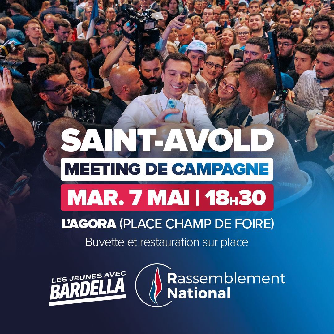 🔵 Le 7 mai, #TousEnMoselle ! Nous vous donnons rendez-vous avec @J_Bardella à #SaintAvold, à l’Agora (place Champ de Foire) à 18h30, pour notre meeting en Moselle ! #VivementLe9Juin ▶️ Inscriptions : urlz.fr/qkYC