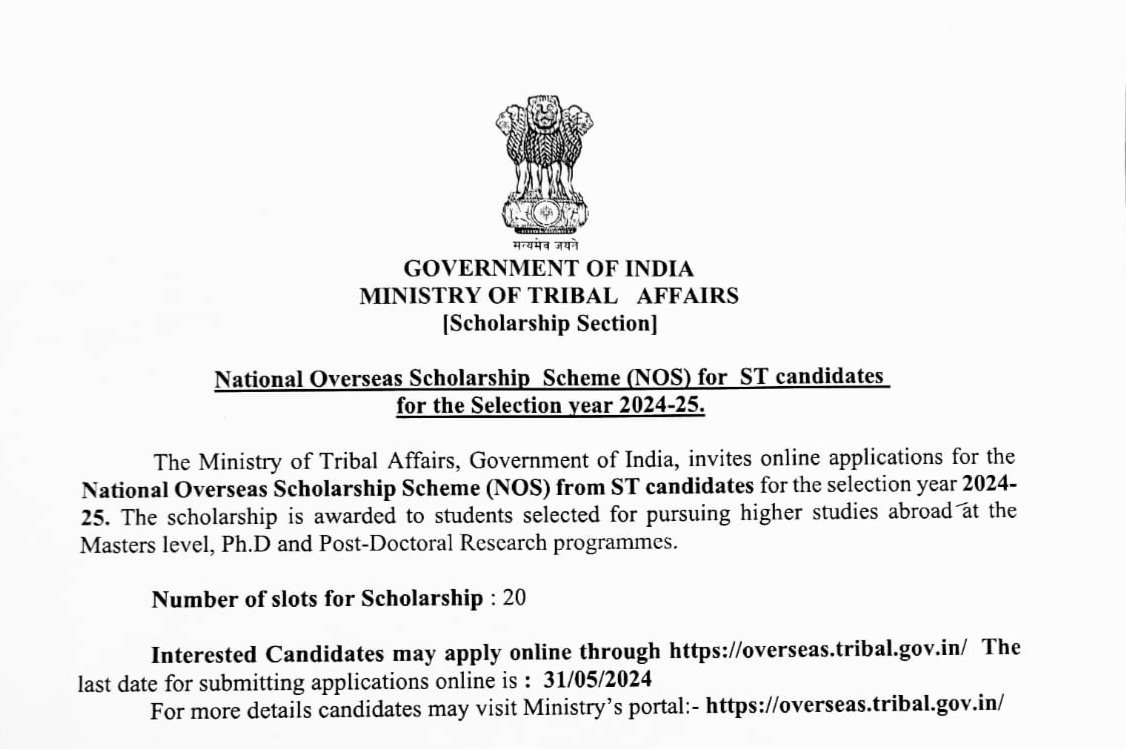 The @TribalAffairsIn invites online applications for the National Overseas Scholarship Scheme from ST candidates for the selection year 2024-25. Interested candidates may apply online through overseas.tribal.gov.in Last date: 31/05/2024 @LadakhSecretary @DC_Leh_Official