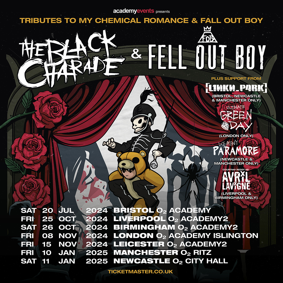 Get set for the ultimate emo and pop punk night w/ #TheBlackCharade and @FellOutBoyUK. 🗓️ 20.07 @O2AcademyBris 🗓️ 25.10 @O2AcademyLpool 🗓️ 28.10 @O2AcademyBham 🗓️ 08.11 @O2AcademyIsl 🗓️ 15.11 @O2AcademyLeic 🗓️ 10.01 @O2RitzManc 🗓️ 11.01 @O2CityHall 🎟️👉 amg-venues.com/SKIr50RqUkc