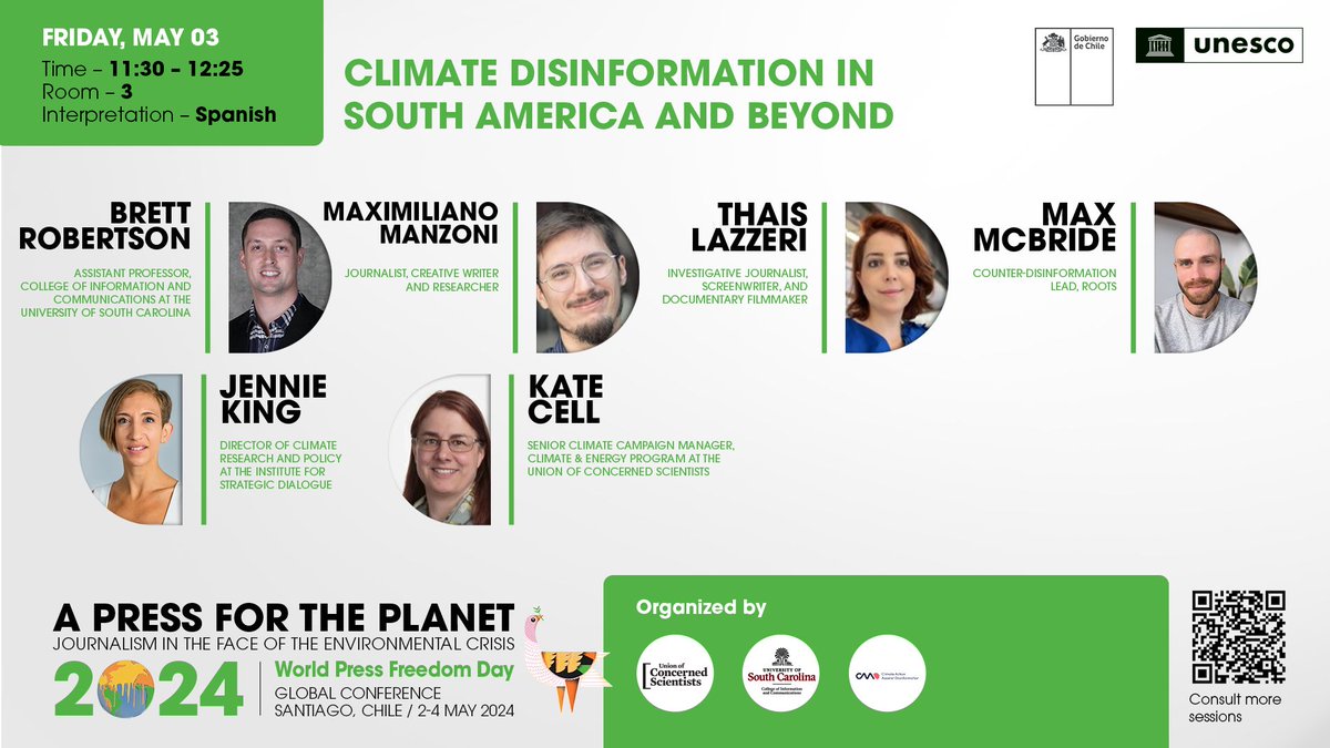 🇨🇱 Don't miss the panel at UNESCOs #WorldPressFreedomDay today at 11:30am in Santiago, discussing Climate Disinformation in South America and Beyond. Learn more and watch the livestream ➡️ buff.ly/3wmXRHZ