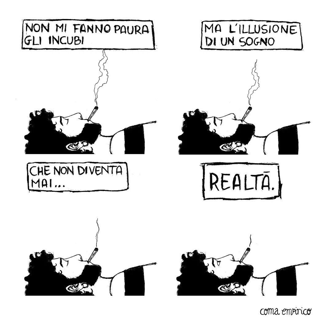 #repost #vignette #vignetta #striscia #strisciaafumetti #fumetti #fumetto #comicstrip #biancoenero #sogni #sogno #incubi #realtà #comaempirico
