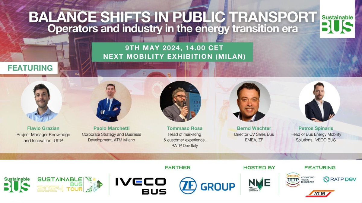 🚀 We're less than one week away from the first talk belonging to the Sustainable Bus Tour 2024 on 'Balance Shifts in Public Transport: Operators and Industry in the Energy Transition Era” #publictransport #uitp sustainable-bus.com/webinar/talk-b…