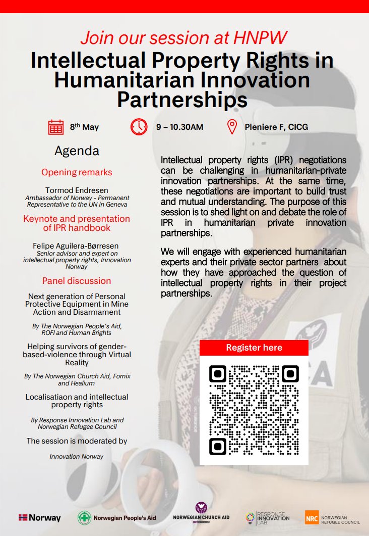 Is open source always the right answer?💡Are you curious about how to best manage Intellectual property rights (IPR) in a humanitarian innovation partnership?🤔 Join our in-person session on Wednesday 8th May 9-00-10.30AM by scanning the QR-code!
