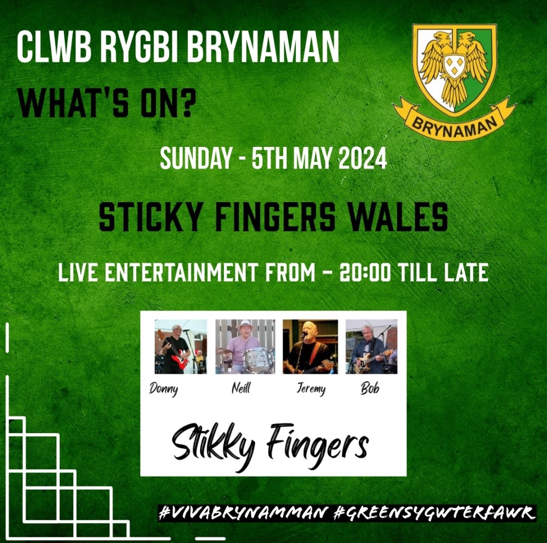 🎸🎉 Get ready for an electrifying evening! Sticky Fingers Wales takes the stage at Brynamman RFC this Bank Holiday Sunday, May 5th, 2024 at 8 PM. Don't miss out on a night of fantastic music. #LiveMusic #VivaBrynamman  #BankHolidayWeekend 🎶🌟
