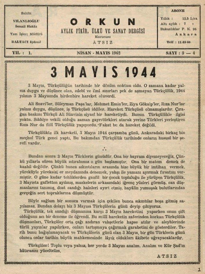 80 yıl önce bayrağı yükselten Atsız ve Başbuğ Türkeş başta olmak üzere 3 Mayıs kahramanlarını saygı, minnet ve rahmetle anıyoruz. #3MAYISTÜRKÇÜLERGÜNÜ