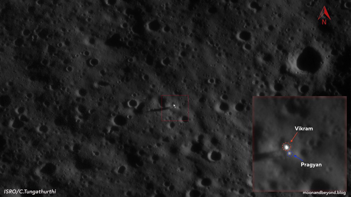 Latest images from the Chandrayaan-2 Orbiter's OHRC camera show the Pragyan Rover parked beside Chandrayaan-3 Vikram Lander at the Shiv Shakti point!! 📸 #ISRO

Credit: @this_is_tckb