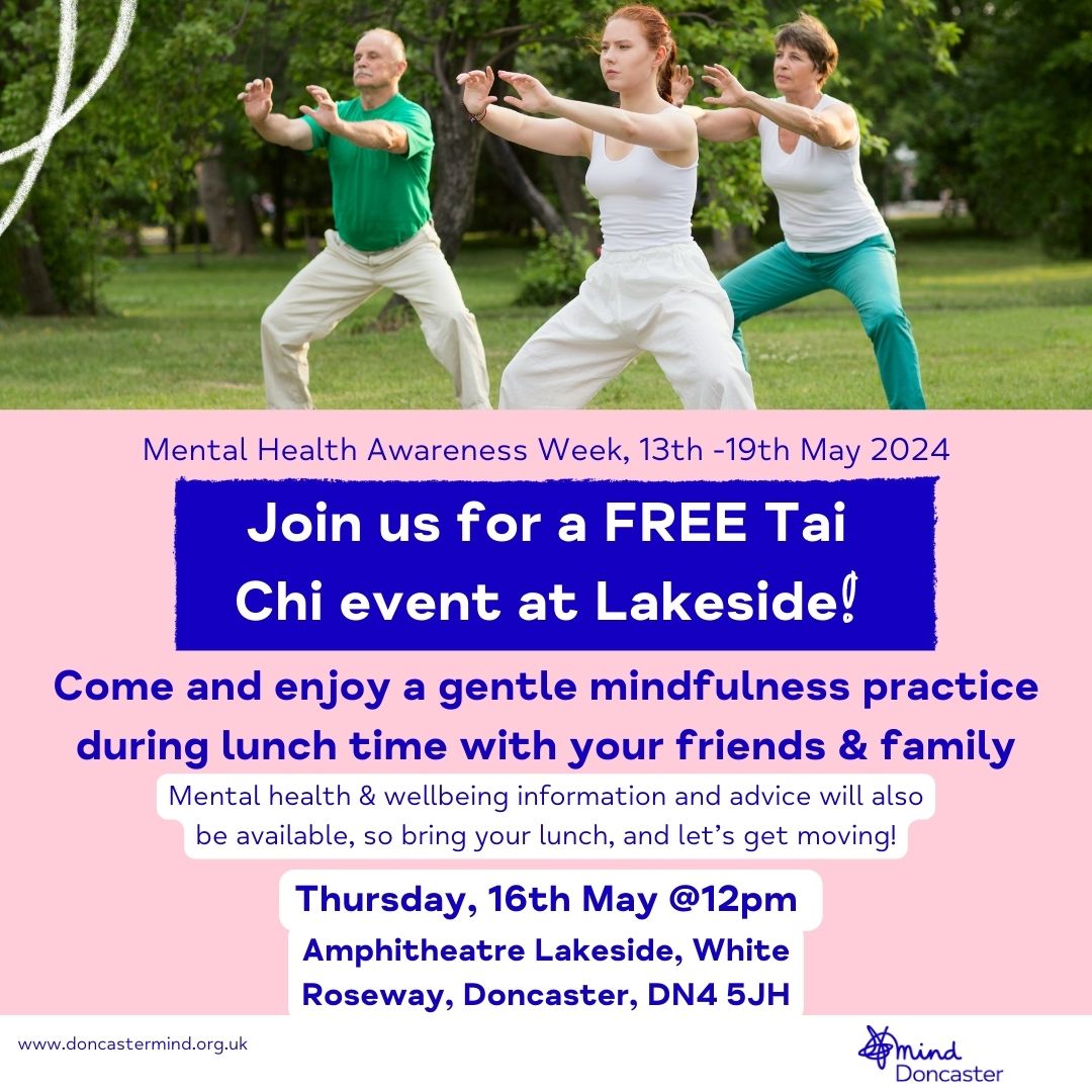 This month, we're hosting a gentle mindfulness Tai Chi session at Lakeside! come with your family and friends during lunch time to relax your mind. Book your space here now: ow.ly/P2tm50RvwmC #DoncasterMind #EventsInDoncaster #MentalHealthAwarenessWeek