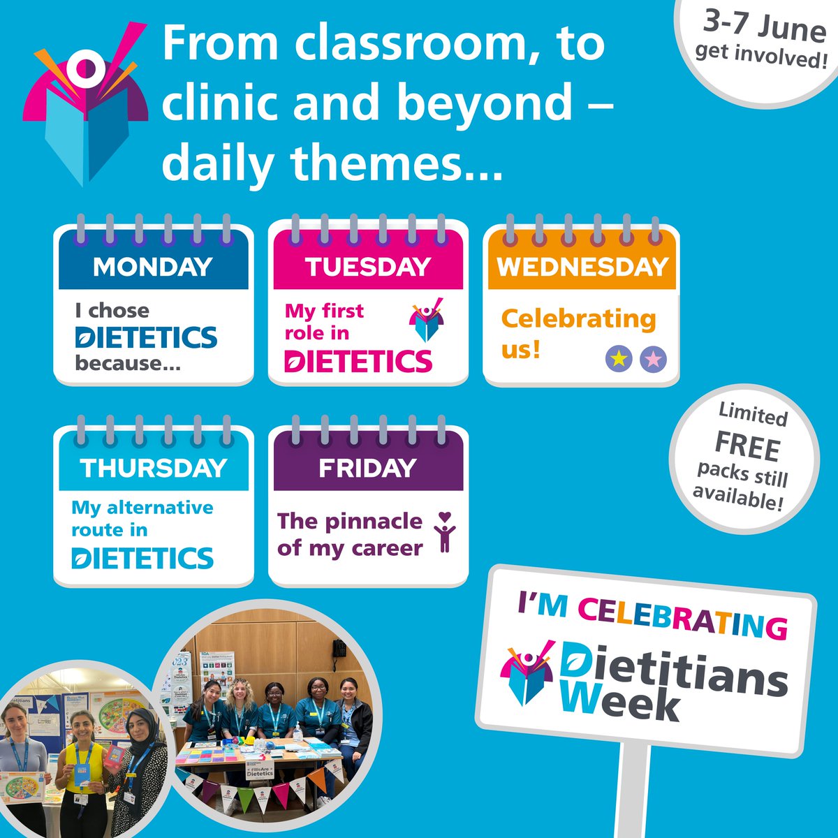 🥳 One month to go until Dietitians Week 2024! To help you plan your celebrations, here are the themes for each day, as we journey through this exciting lifelong career, right from the very start. #DW2024 Find out more: bda.uk.com/news-campaigns…