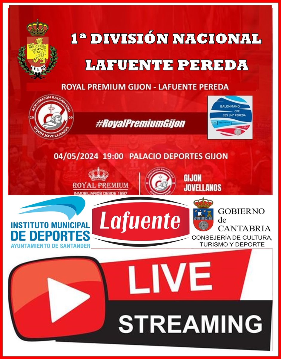 🖊️1ª DIVISIÓN NACIONAL MASCULINA 30ª Jornada LAFUENTE PEREDA vs ROYAL PREMIUM GIJÓN 📅Sábado 4 de mayo 🏟️ Palacio Deportes Gijón ⌚19:00h. ⏯️bmiespereda.blogspot.com/2024/05/stream…