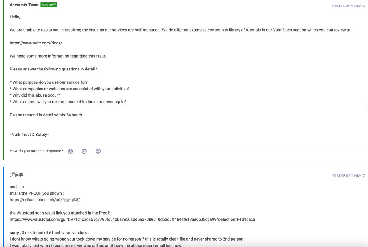 How could Vultr #vultr @Vultr  suspend a user's service without any inspection or confirmation? 
Also, how does the  #abuse_ch @abuse_ch   organization perform a brute force scan on someone else's VPS machine and report a 0.00% risk to the Vultr team, causing service disruption?