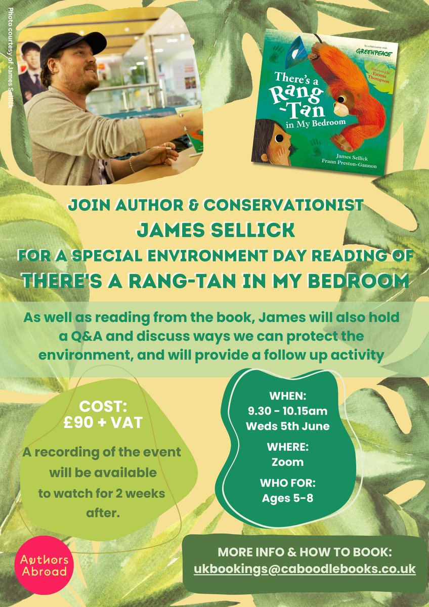 How is your #school celebrating #EnvironmentDay2024? 🌳🌿🌻

Why not join our live #authorevent with James Sellick for a very special reading of There's A #RangTan 🦧In My Bedroom plus a Q&A and discussion after...

📨 ukbookings@caboodlebooks.co.uk for info & to register