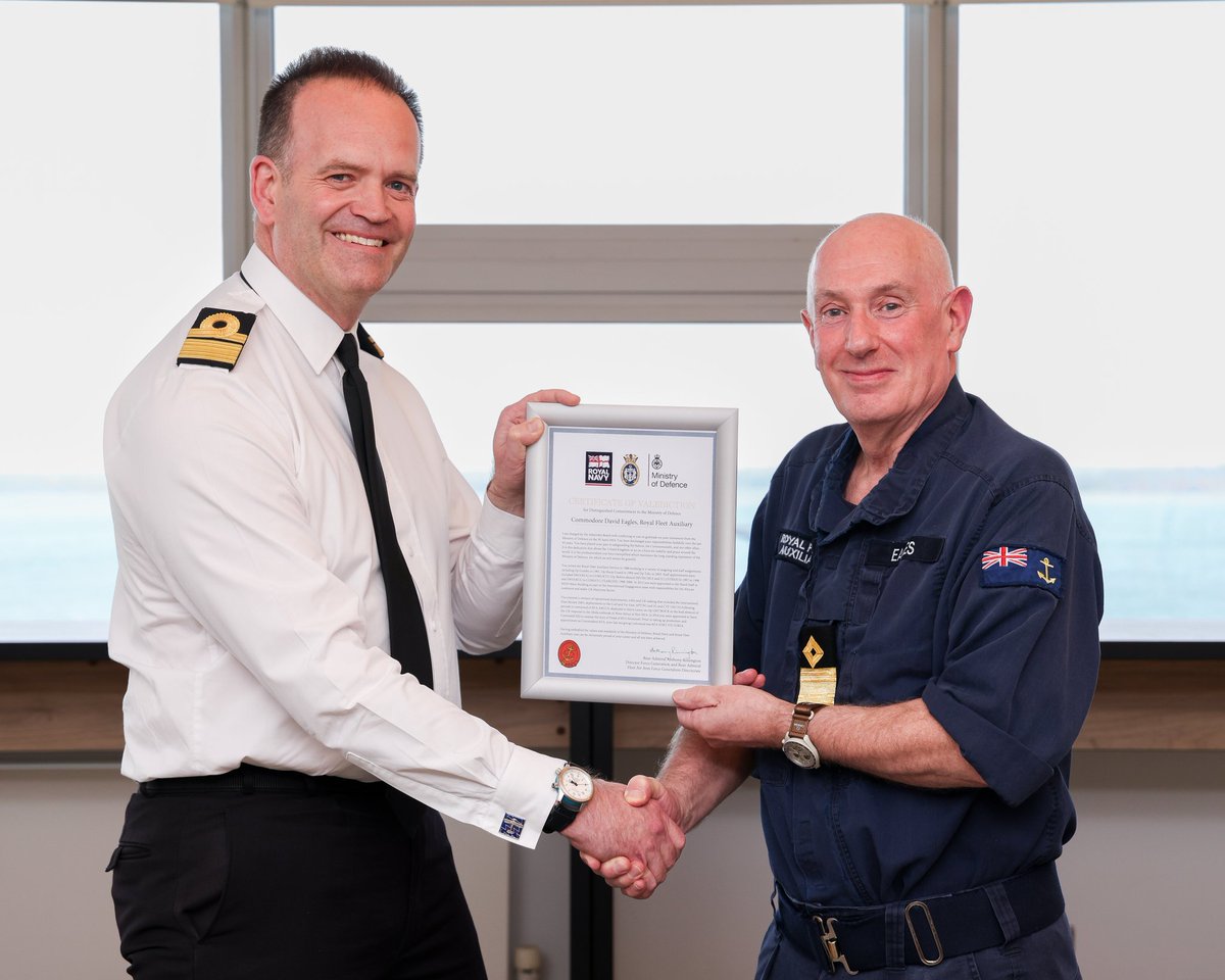 Head of the RFA service Cdre David Eagles retires after 43 years at sea! Pictured receiving his Valedictory Certificate from DIR FGEN Rear Admiral Anthony Rimmington. We wish him well in his retirement. Fair winds and following seas, Sir. @RFAHeadquarters