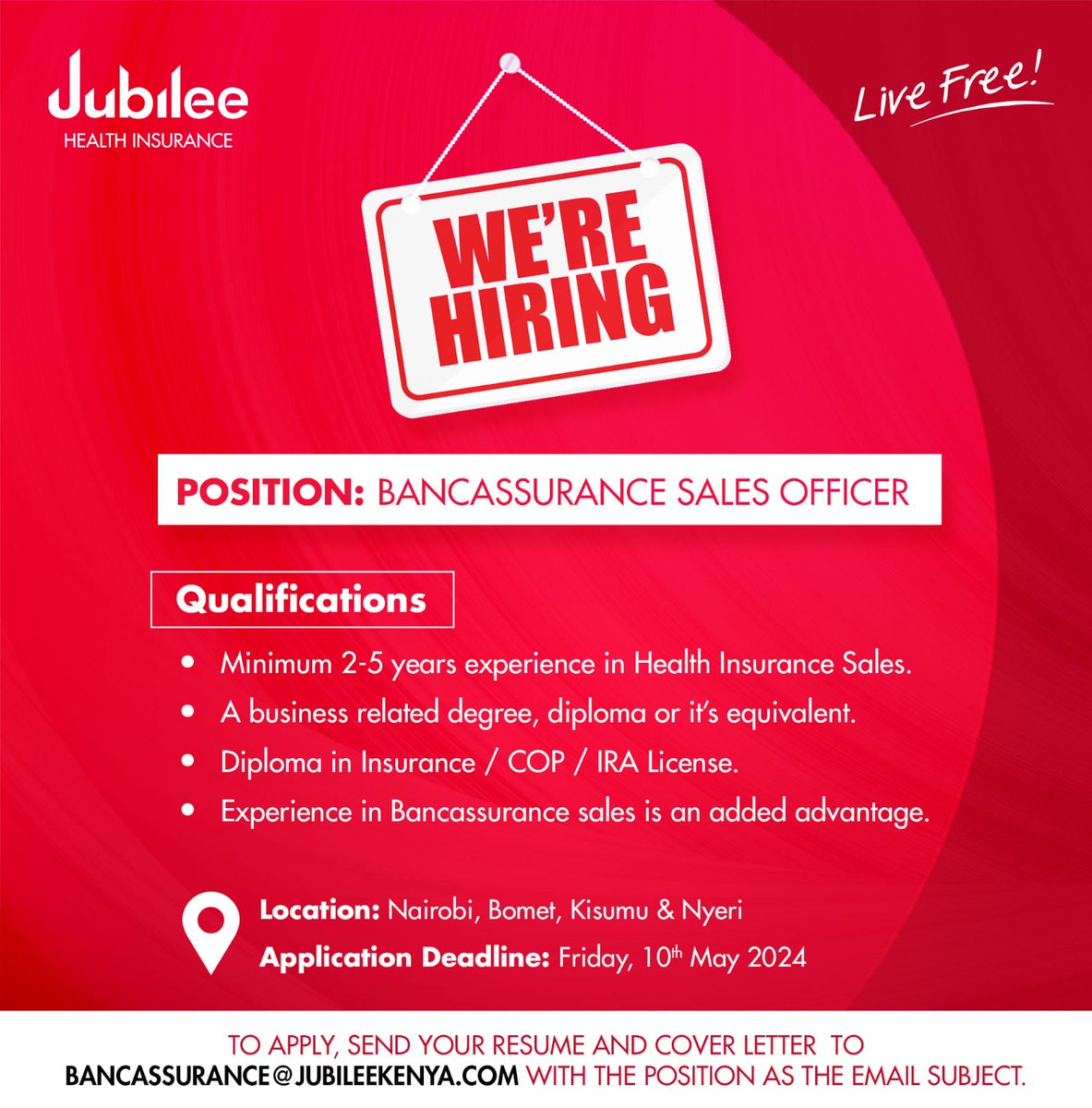 We're seeking dynamic individuals to join our Bancassurance team.

If you're ready for a challenge and want to work with the top health insurer, this opportunity is for you.

Submit your resume by May 10th, 2024.

#JubileeHealth #IkoKazi