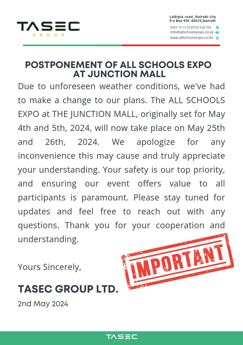 Change of plans, To ensure we serve you better. We have rescheduled the #Allschoolsexpo Event at Junction mall to 25th and 26th May 2024.

Call 0725 526 526 for any inquiries.