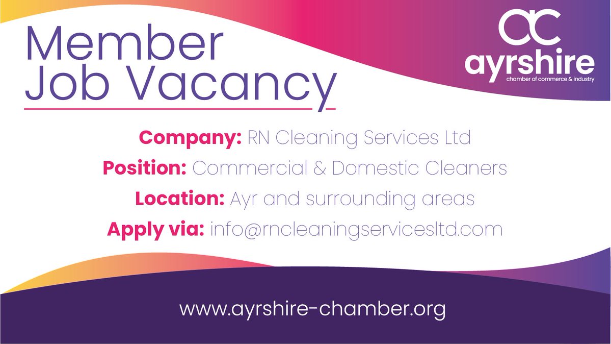 **Member Job Vacancy** RN Cleaning Services Ltd are recruiting for Commercial & Domestic Cleaners to join their team. 🌏 Ayr and surrounding area To apply, or for further information, please email info@rncleaningservicesltd.com #Ayrshire #JobsInScotland