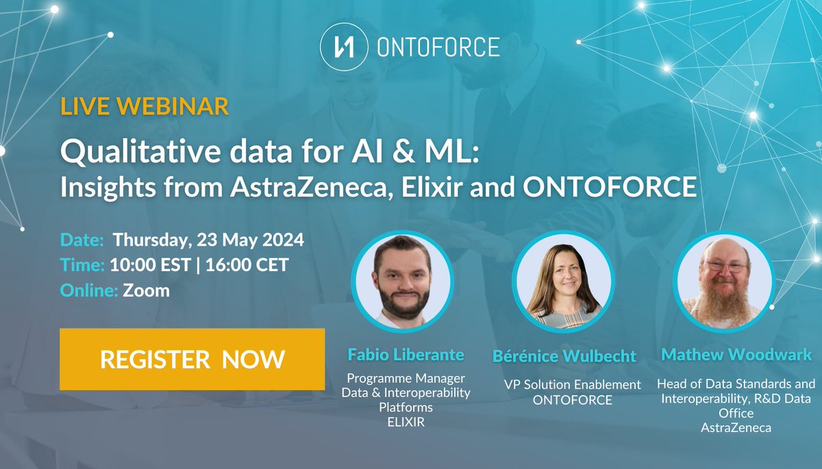 📅 Join us on May 23rd for an enlightening session on 'Qualitative Data for AI & ML: Insights from AstraZeneca, ELIXIR, and ONTOFORCE.' Explore the critical role of qualitative data in advancing AI and ML applications within the life sciences sector. #DataScience #AI #ML