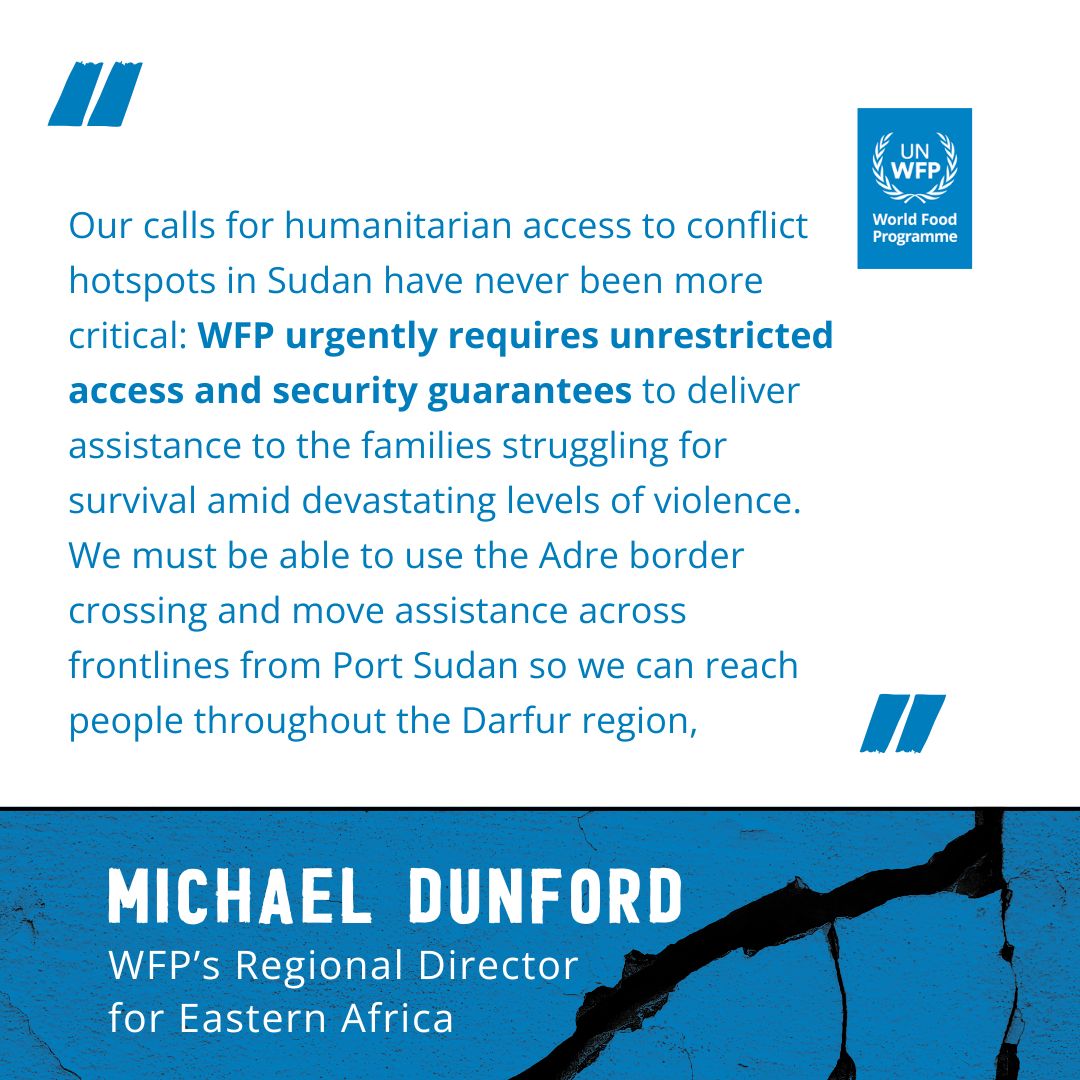 Critical: @WFP needs unhindered humanitarian access to #Sudan's conflict zones. Unrestricted entry via Adre border and across frontlines from Port Sudan is essential to reach families in #Darfur amidst escalating violence. wfp.org/news/wfp-warns… #SudanCrisis