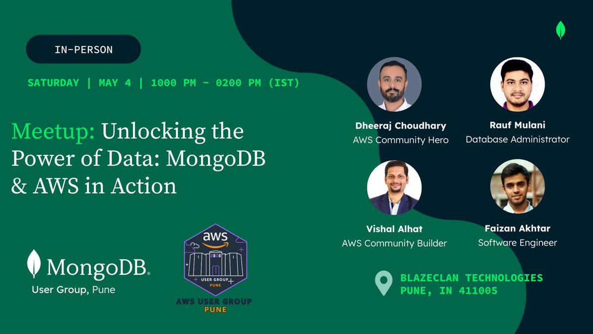 MUG Pune (@punemug) on Twitter photo Calling all #Pune data enthusiasts!
We're unlocking the power of data with #MongoDB & #AWS at our upcoming meetup! Hear from industry rockstars , network with your tribe , & fuel your data journey with pizza & drinks. See you tomorrow at <a href="/blazeclan_hq/">Blazeclan Technologies</a> Pune! #mugpune #awsugpune Calling all #Pune data enthusiasts!
We're unlocking the power of data with #MongoDB & #AWS at our upcoming meetup! Hear from industry rockstars , network with your tribe , & fuel your data journey with pizza & drinks. See you tomorrow at <a href="/blazeclan_hq/">Blazeclan Technologies</a> Pune! #mugpune #awsugpune