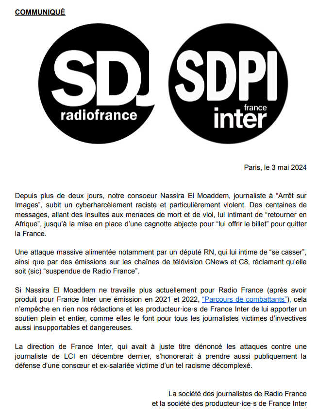 La SDJ de Radio France et la SDPI de France Inter apportent leur soutien plein et entier à @NassiraELM, victime d'un cyberharcèlement raciste et particulièrement violent.