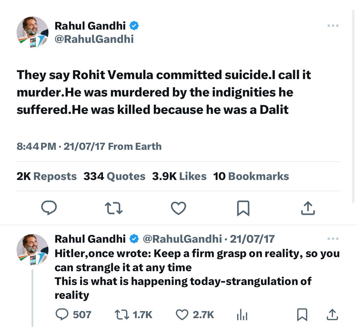 Rohith Vemula committed suicide out of fear that his real caste would be revealed, as he did not belong to the SC category.

Hello @RahulGandhi correct your statement and apologies it was not murder but self suicide 

deccanchronicle.com/nation/current…