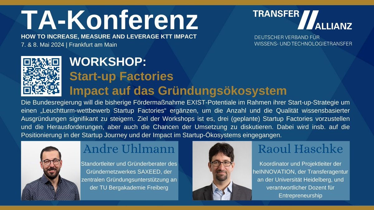 #EXIST kennen Sie.
Aber was sind #StartupFactories?
Nie gehört?! Dann sollten Sie beim Workshop von Andre Uhlmann &amp; Dr. Raoul Haschke bei der #TAKonferenz dabei sein.

Sichern Sie sich jetzt noch Ihr Ticket transferallianz.de/ta-konferenz-2… 

#Transfer #Konferenz #TransferAllianz #Startup