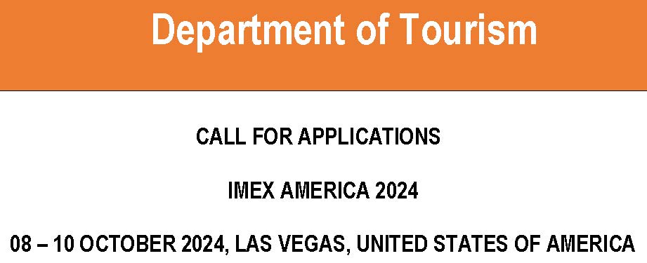 #TourismIncentive: CALL FOR APPLICATIONS IMEX AMERICA 2024 The Department of Tourism through the IMASP - Group Support, invites eligible small tourism enterprises to apply & participate at the SA Tourism pavilion at #IMEX24 Read more here: tinyurl.com/e7nbbbpw #WeDoTourism